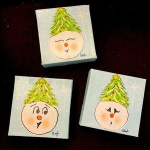 3 Snowmen Canvas Display Blocks Hand Painted Art for Christmas & Winter